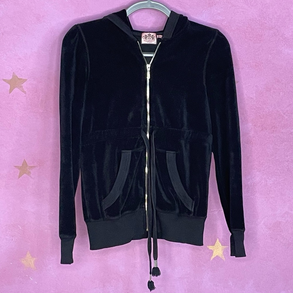 Juicy Couture Vintage Black Terry Hooded Track Jacket With Drawstring Waist Med